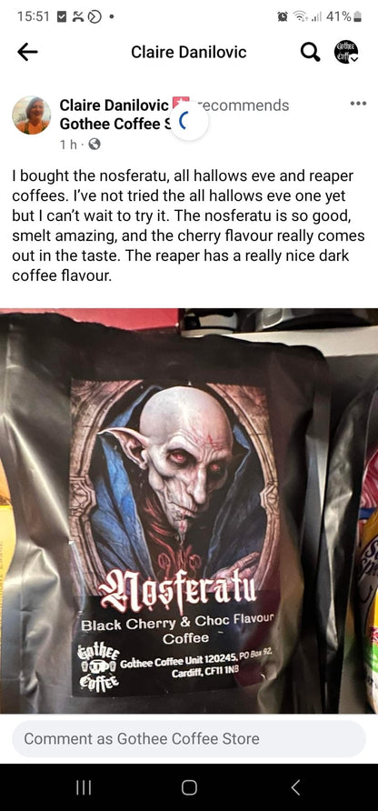 Nosferatu Black Cherry and Chocolate flavour coffee - Gothee Coffee