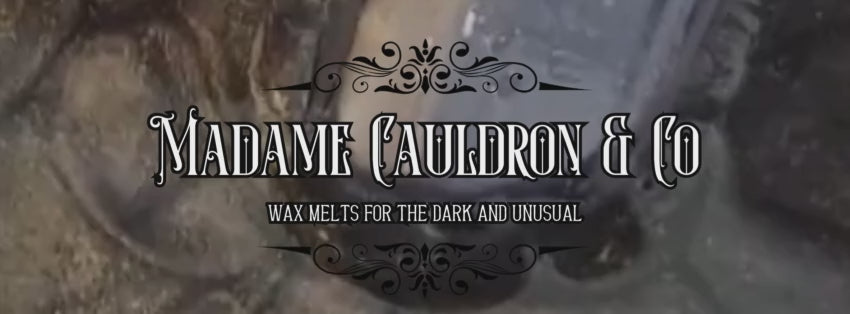 Load video: Olde Coffee Shop wax melt melting in the background with Madame Cauldron overlay